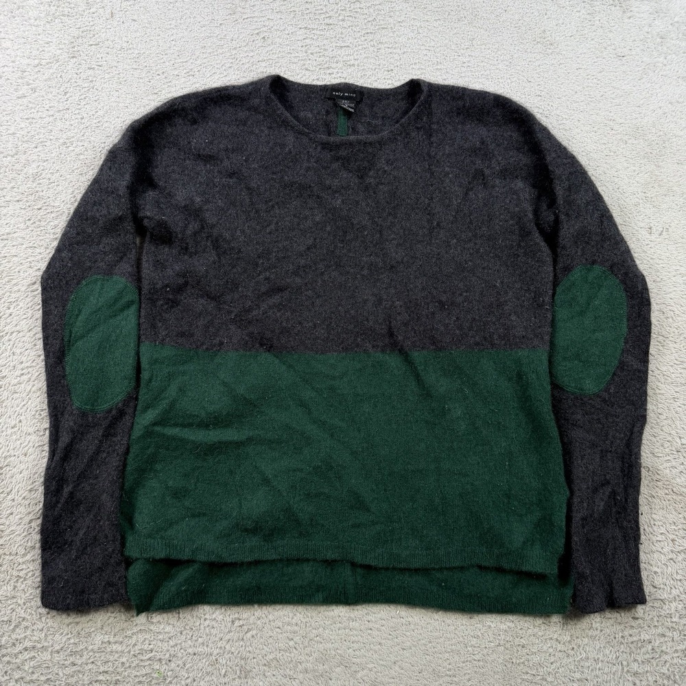 Only Mine Sweater Womens 8 Small Grey Green 100% Cashmere Crewneck Elbow Patch